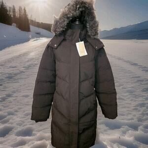 NWT! Wantdo Women's Black Winter Puffer Coat Faux Fur Hood Large